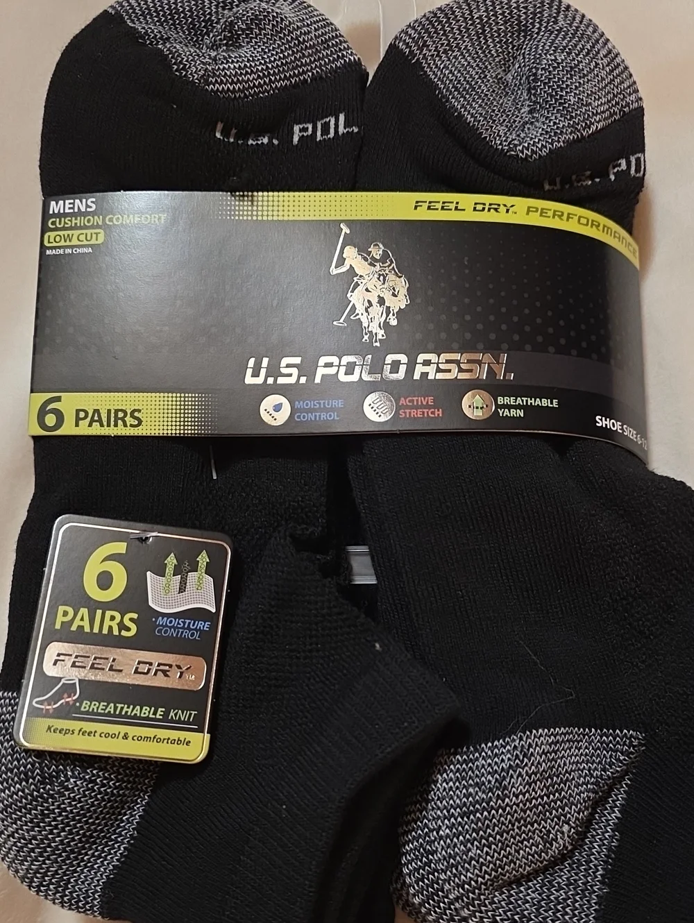 U.S. Polo Assn. Men's Black Low-Cut Athletic Socks with Gray Accents - 6 Pairs